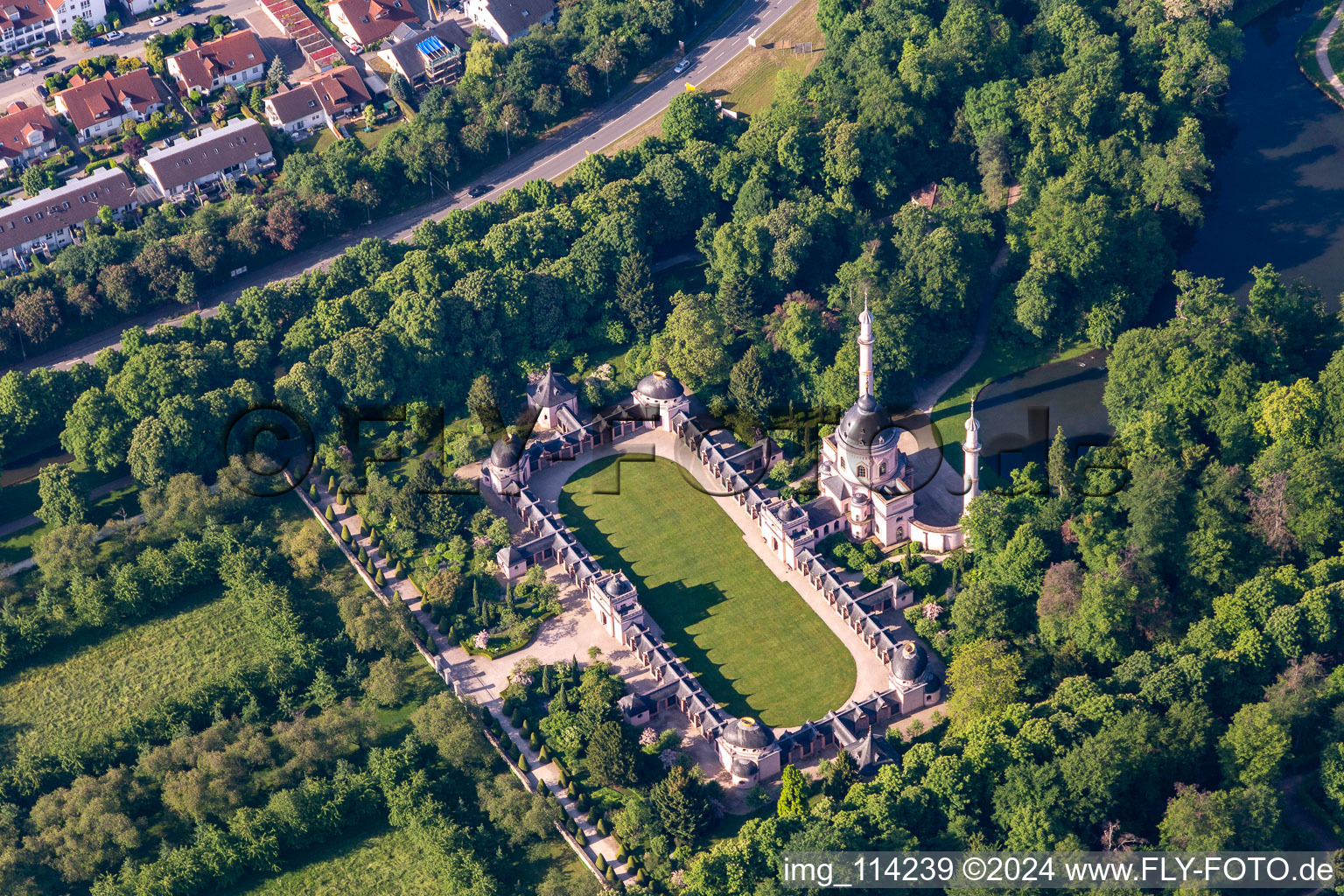 Aerial photograpy of Schwetzingen Castle and the French baroque garden in Schwetzingen in the state of Baden-Wuerttemberg