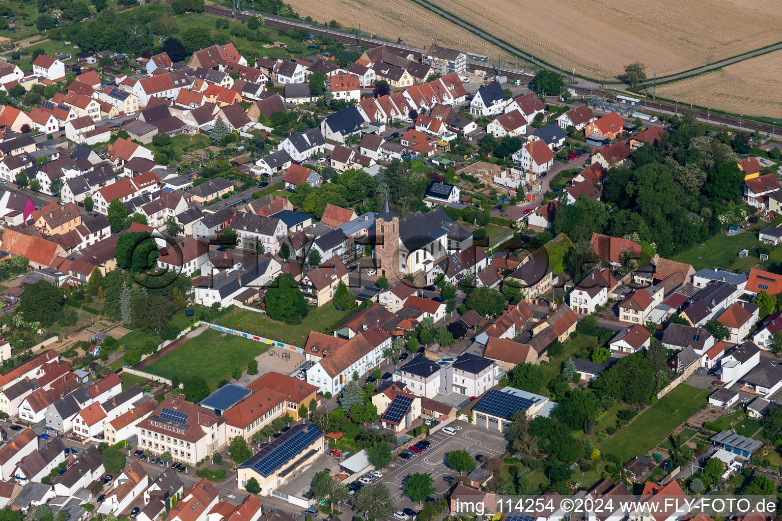 Aerial photograpy of Catholic Church of St. Sigismund in the district Heiligenstein in Römerberg in the state Rhineland-Palatinate, Germany