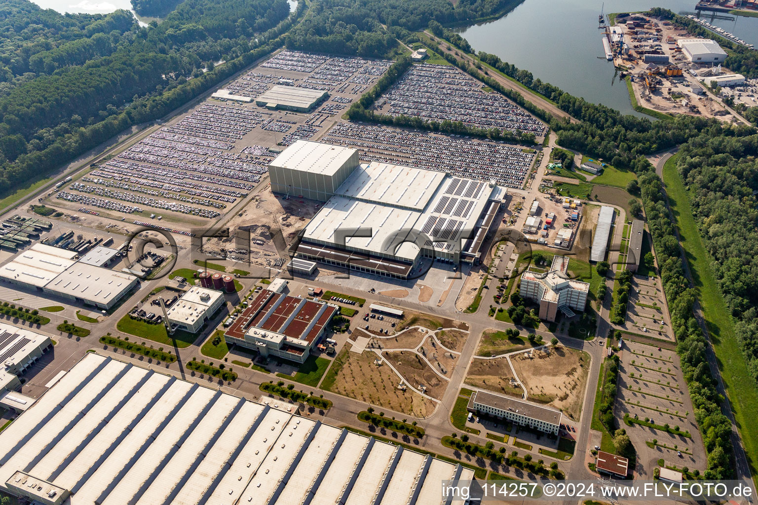 Aerial view of Daimler GLC truck on the island of Green in Germersheim in the state Rhineland-Palatinate, Germany