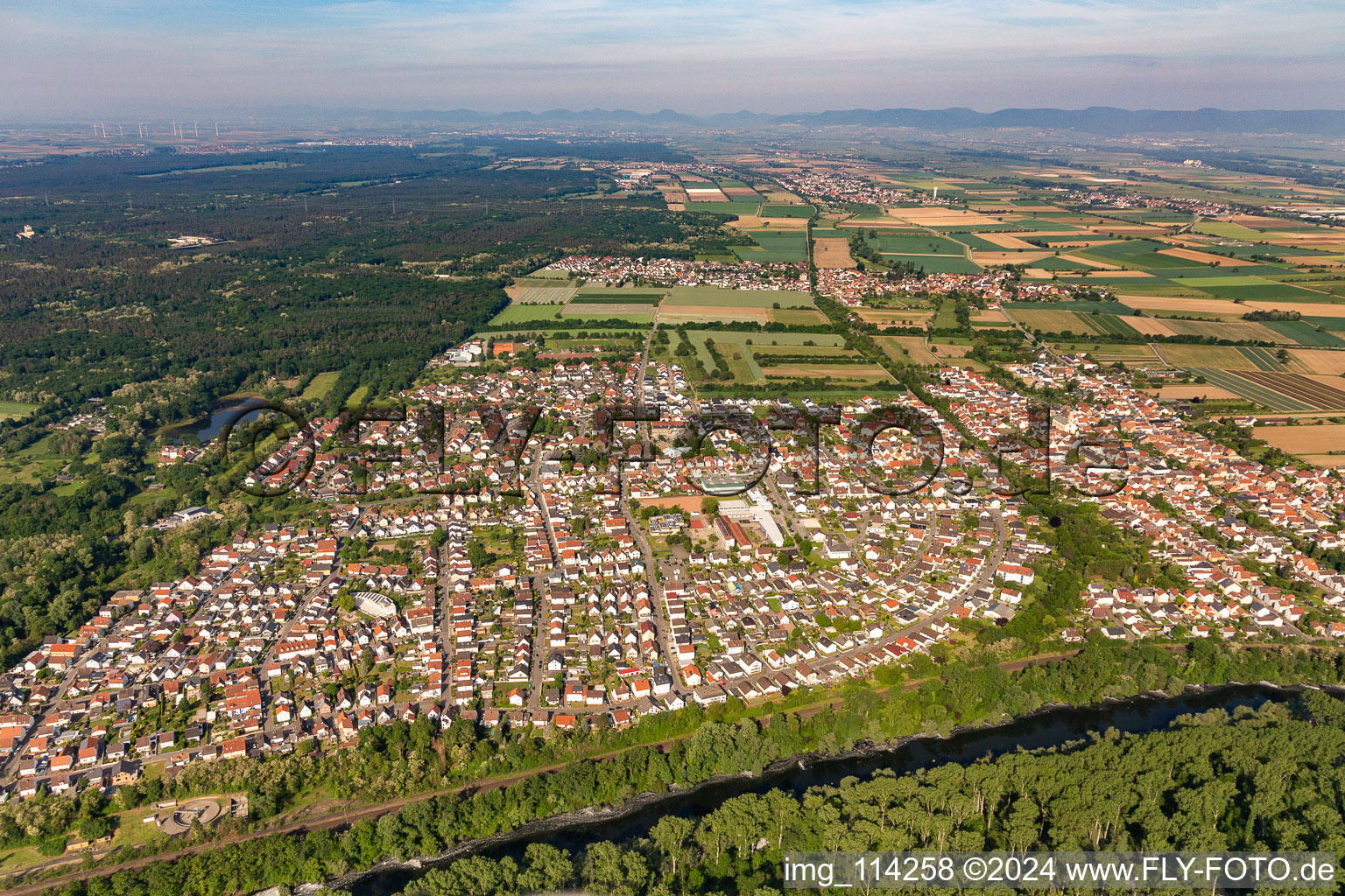 Aerial view of Lingenfeld in the state Rhineland-Palatinate, Germany