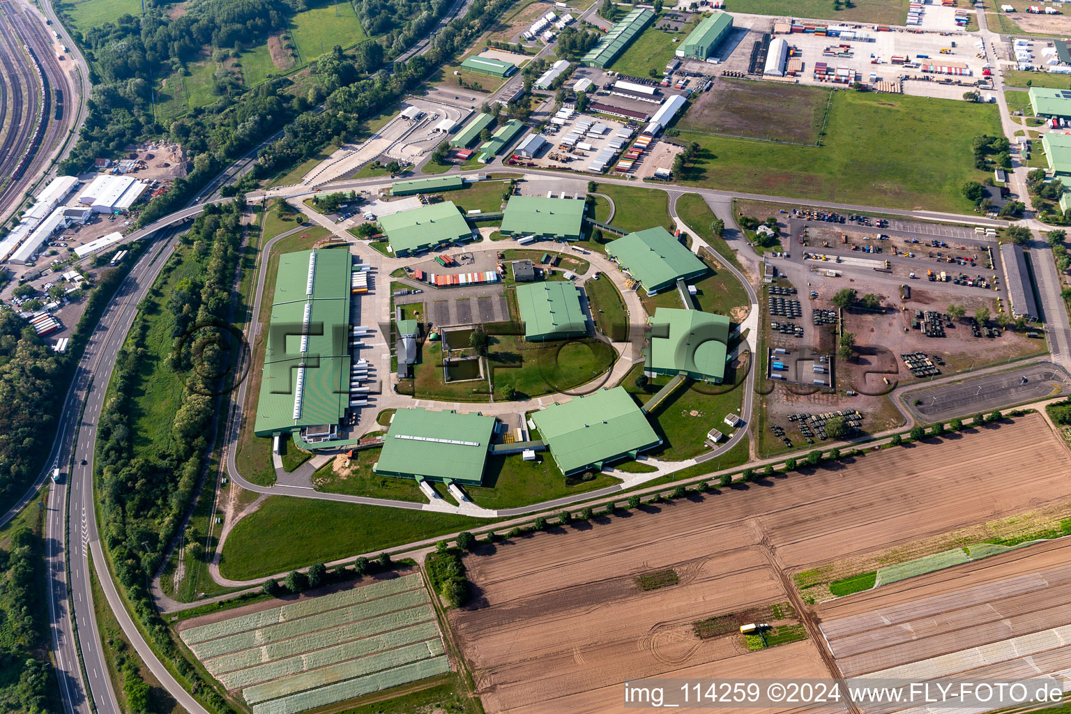 Aerial photograpy of Building complex and logistics center on the military training grounds of the US-Army in Germersheim in the state Rhineland-Palatinate, Germany