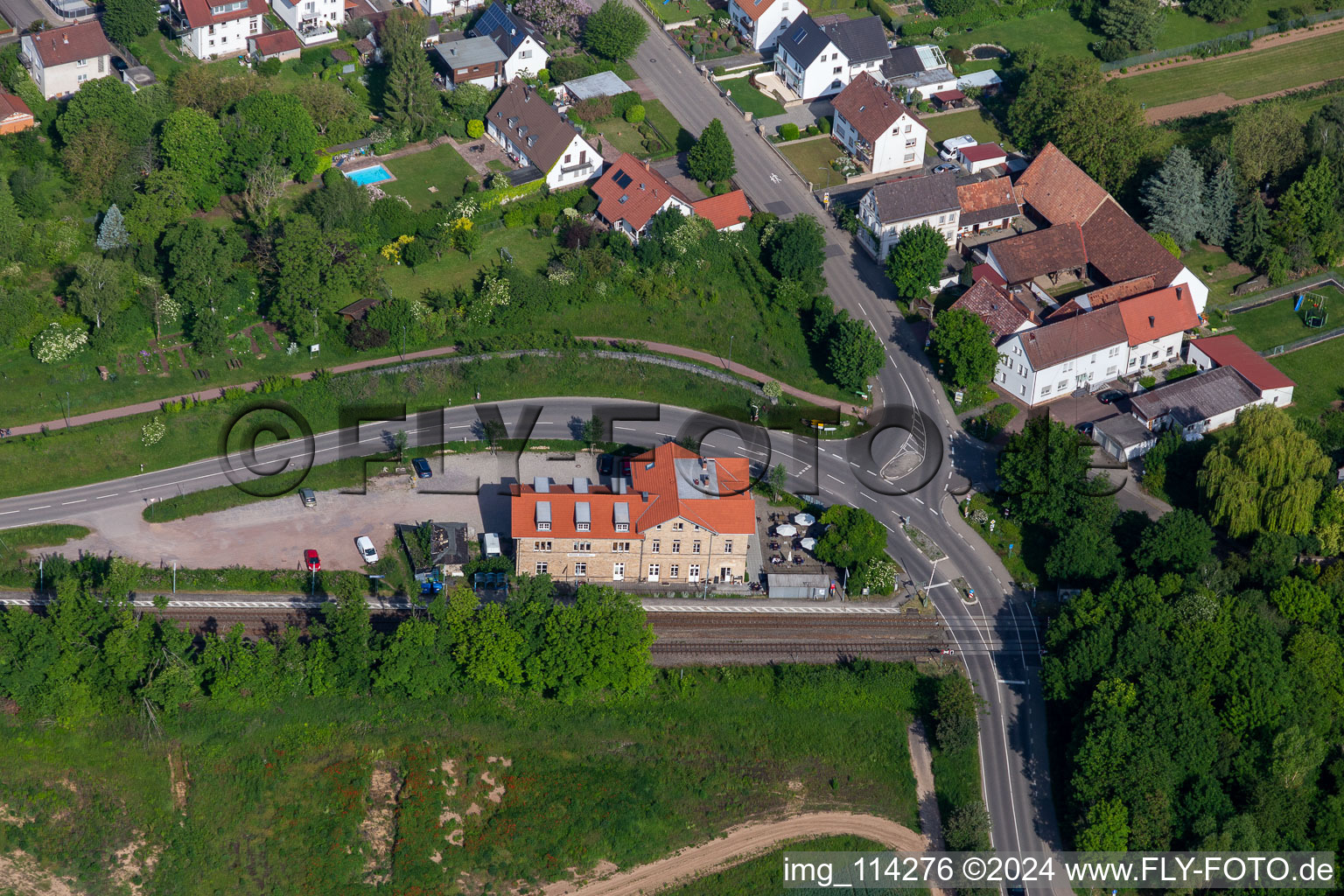 Aerial view of Hotel to the train station 1894 in Rohrbach in the state Rhineland-Palatinate, Germany