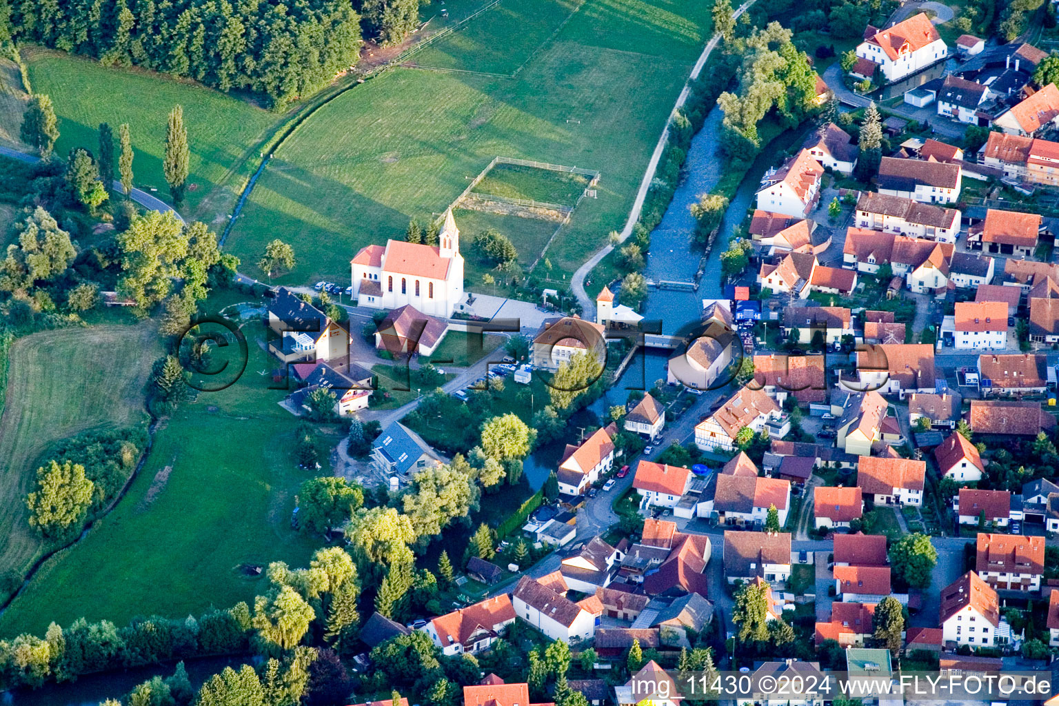 Aerial view of St. Bartholomew's Church in the district Beuren an der Aach in Singen in the state Baden-Wuerttemberg, Germany