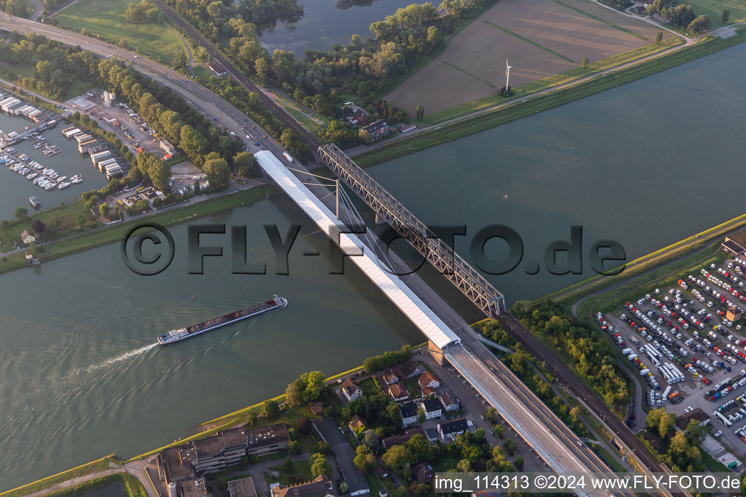 Aerial view of River - bridge construction Rheinbruecke Maxau in , Germany