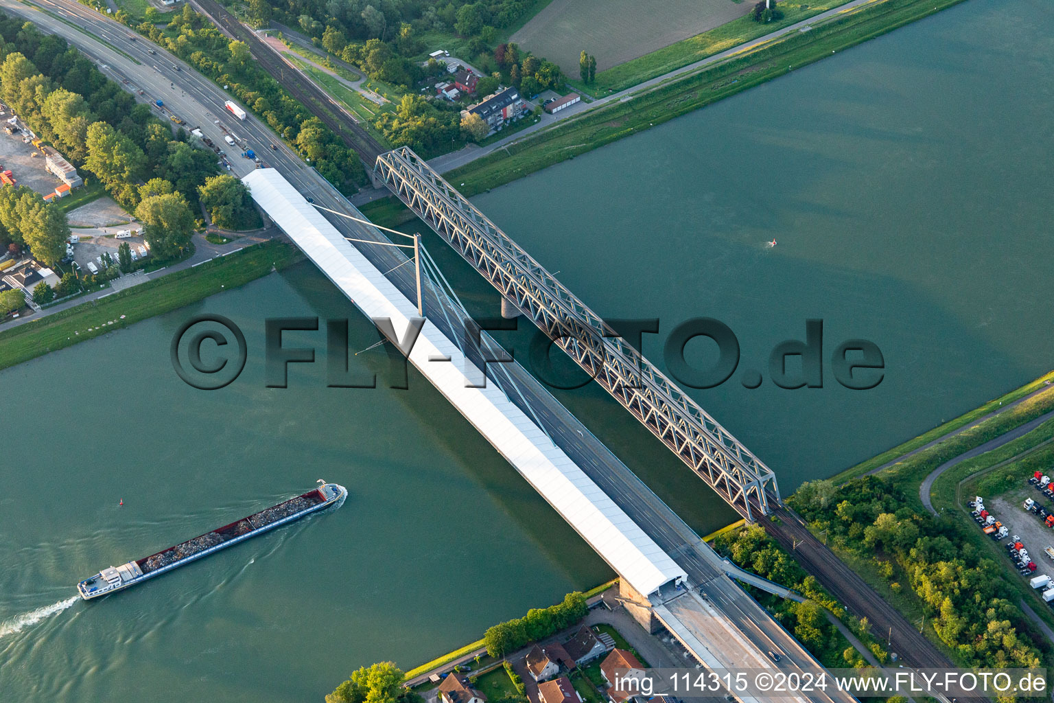 Aerial view of Construction to renovation work on the road bridge structure " Rheinbruecke Maxau " in the district Knielingen in Karlsruhe in the state Baden-Wurttemberg, Germany