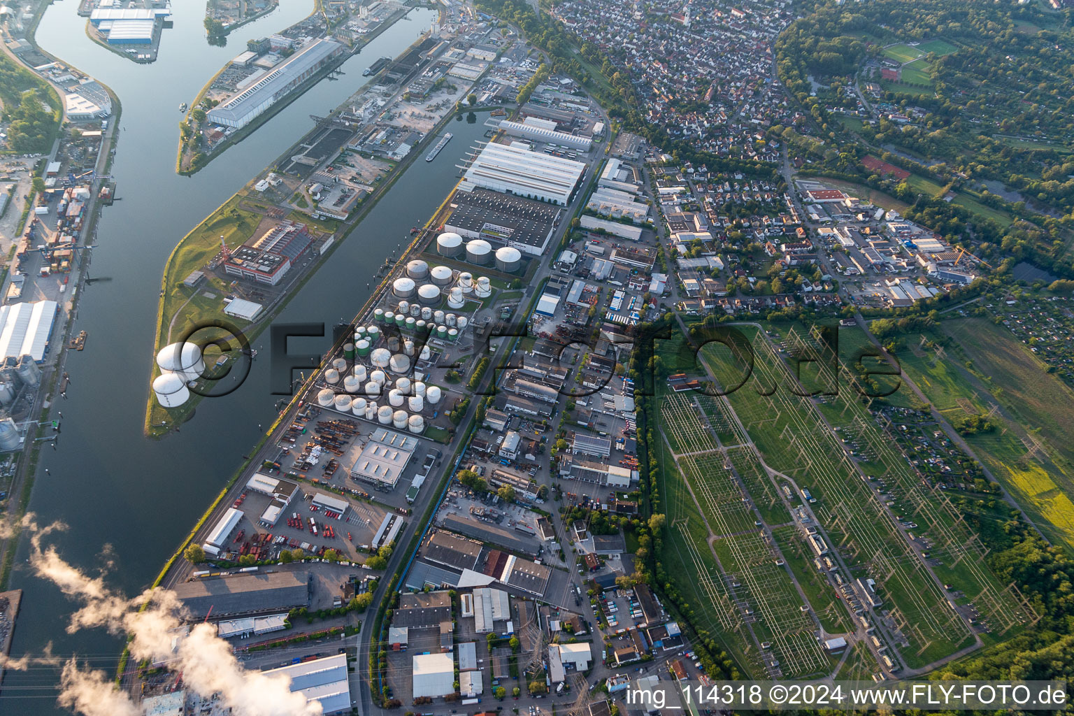 District Rheinhafen in Karlsruhe in the state Baden-Wuerttemberg, Germany seen from above