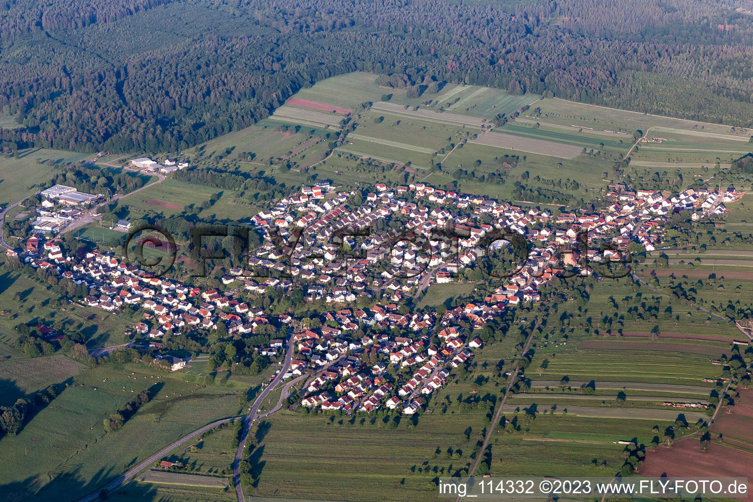 Aerial photograpy of Village - view on the edge of agricultural fields and farmland in Voelkersbach in the state Baden-Wurttemberg, Germany