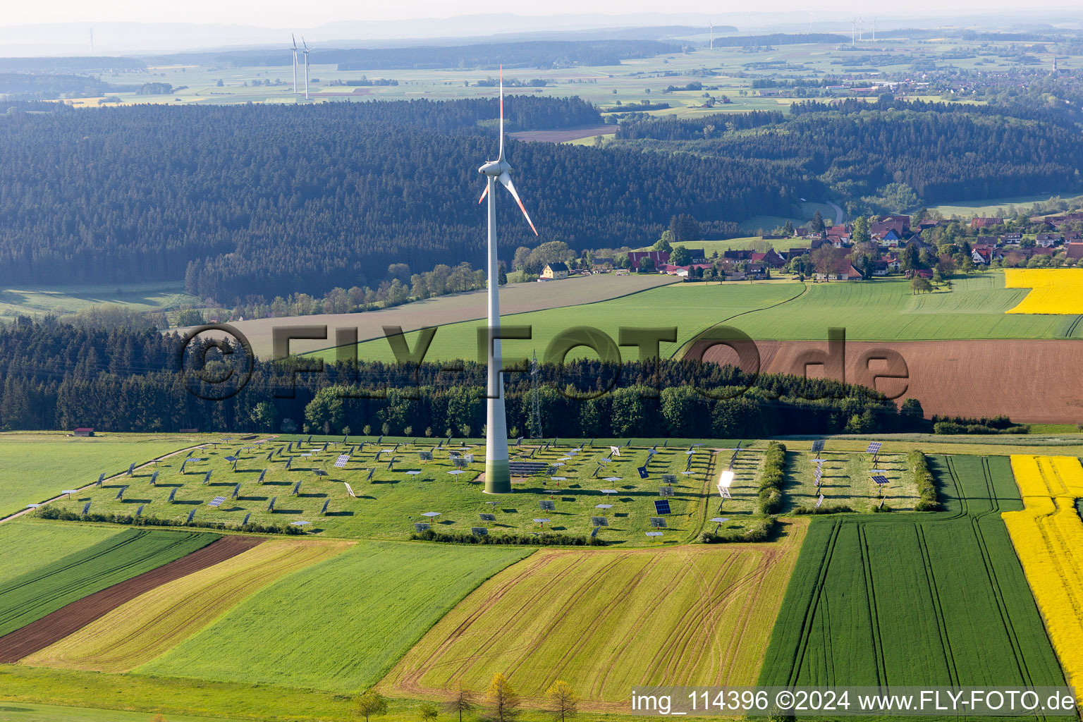 Aerial view of Wind power and PV system in Alpirsbach in the state Baden-Wuerttemberg, Germany