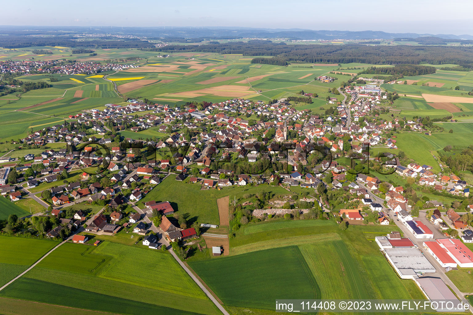 Agricultural land and field borders surround the settlement area of the village in Winzeln in the state Baden-Wurttemberg, Germany