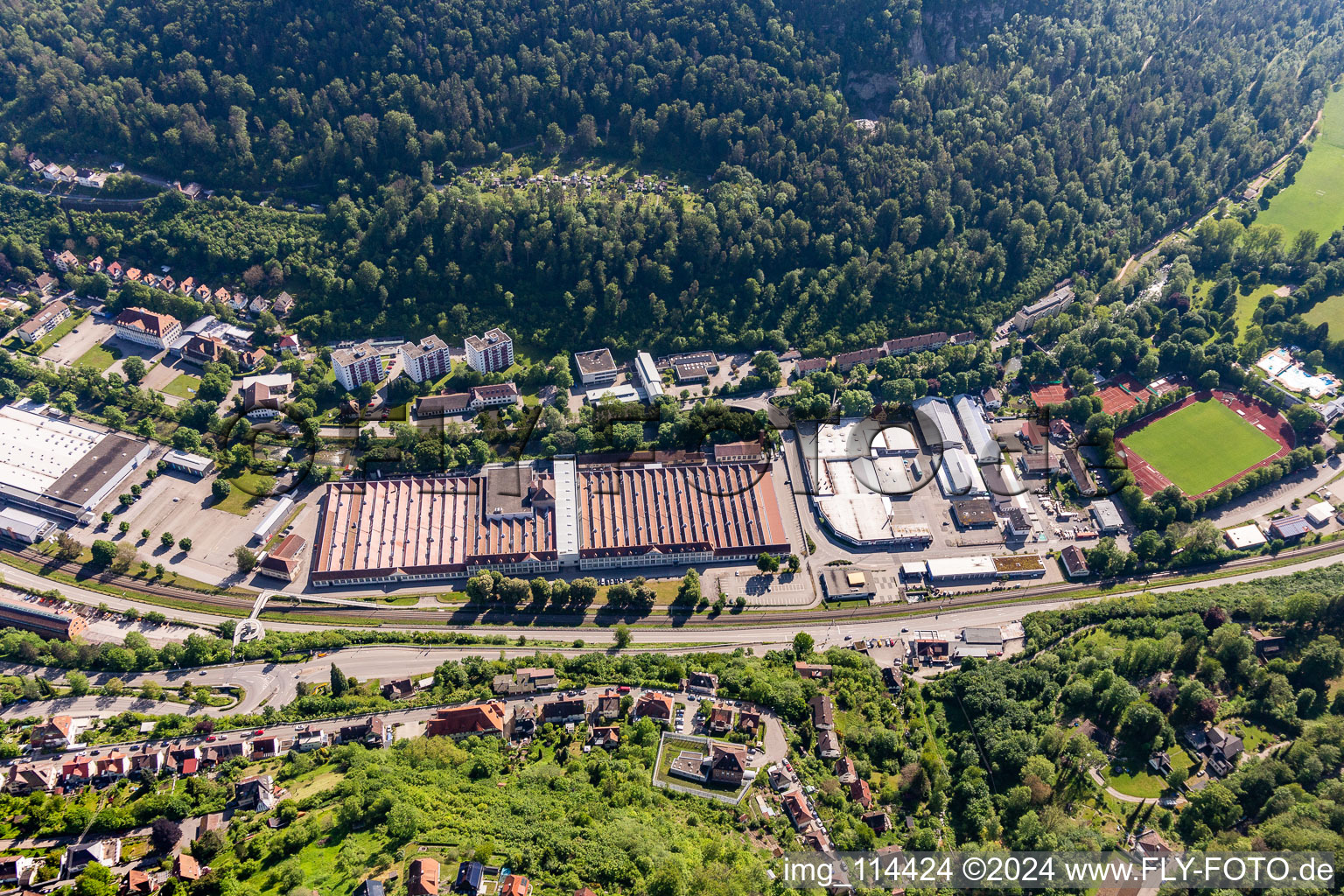 Aerial view of Mauser-Werke Oberndorf Mechanical Engineering, Heckler and Koch in Oberndorf am Neckar in the state Baden-Wuerttemberg, Germany