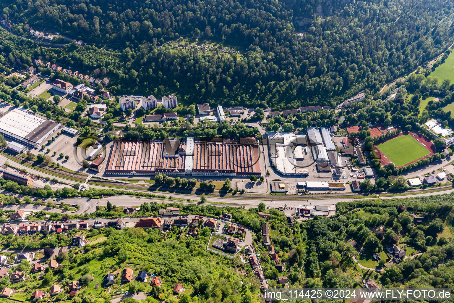 Building and production halls on the premises of Mauser-Werke Oberndorf Maschinenbau GmbH in Oberndorf am Neckar in the state Baden-Wurttemberg, Germany