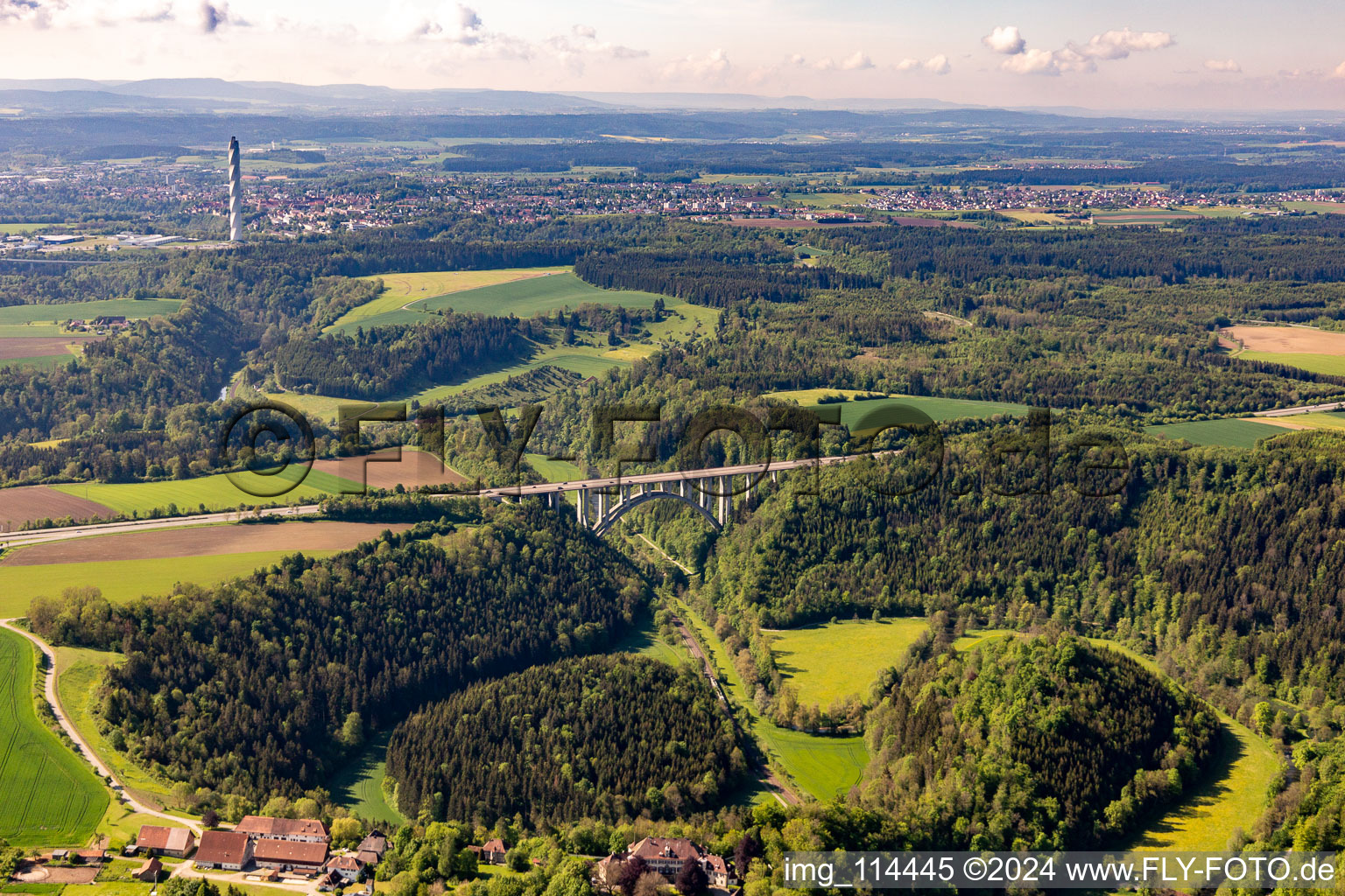 Routing and traffic lanes over the highway bridge in the motorway A 81 crossing the Neckar river in Rottweil in the state Baden-Wurttemberg, Germany