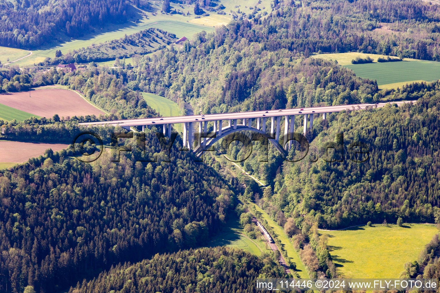 Aerial view of A81 Neckar Valley Bridge in Rottweil in the state Baden-Wuerttemberg, Germany