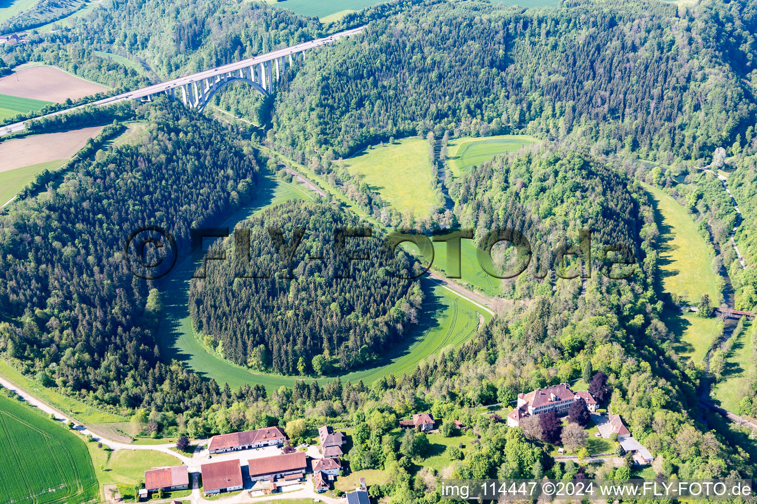 Routing and traffic lanes over the highway bridge in the motorway A 81 crossing the Neckar river loops in Rottweil in the state Baden-Wurttemberg, Germany