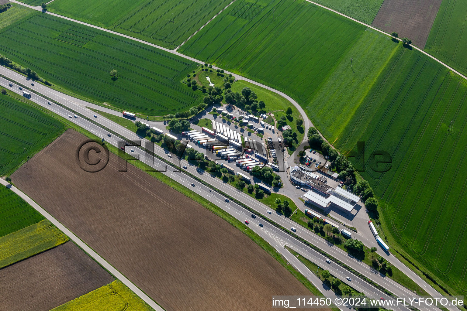 Aerial view of A81 Neckarburg West service area in Dietingen in the state Baden-Wuerttemberg, Germany