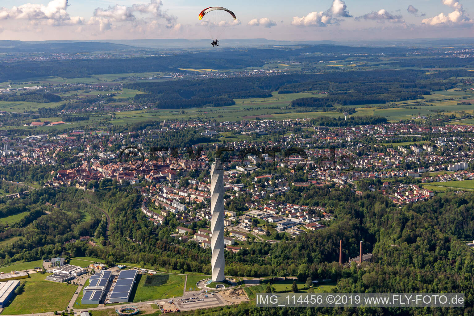 Aerial view of Site of the ThyssenKrupp testing tower for Speed elevators in Rottweil in Baden - Wuerttemberg. When finished the new landmark of the town of Rottweil will be the tallest structure in Baden-Wuerttemberg