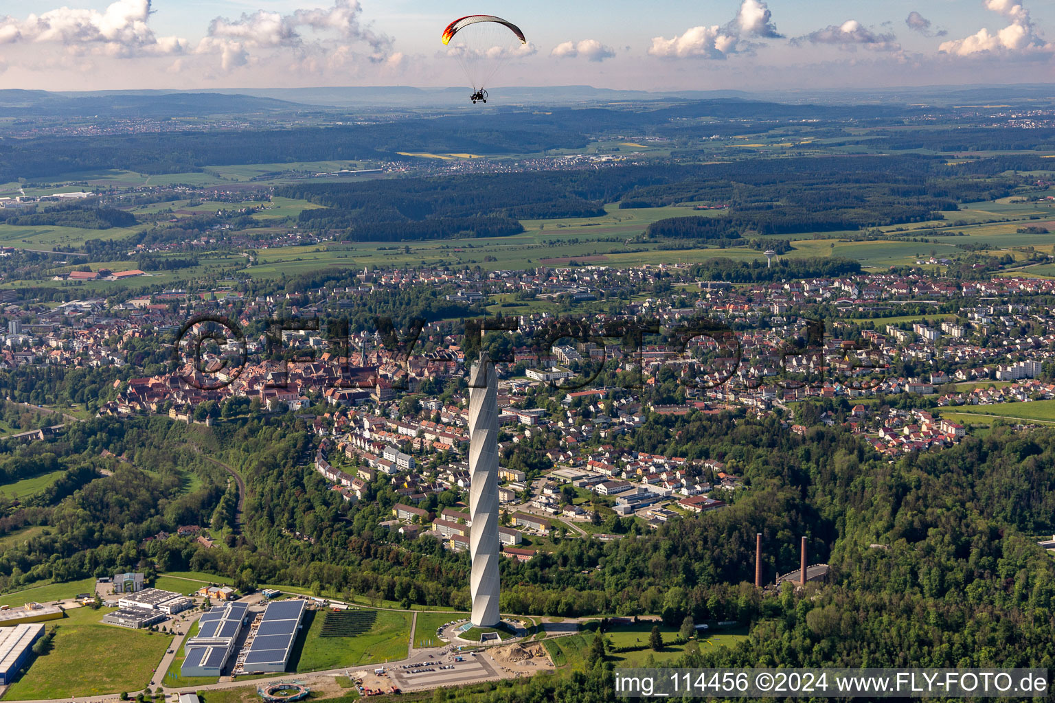 Aerial view of Site of the ThyssenKrupp testing tower for Speed elevators in Rottweil in Baden - Wuerttemberg. When finished the new landmark of the town of Rottweil will be the tallest structure in Baden-Wuerttemberg