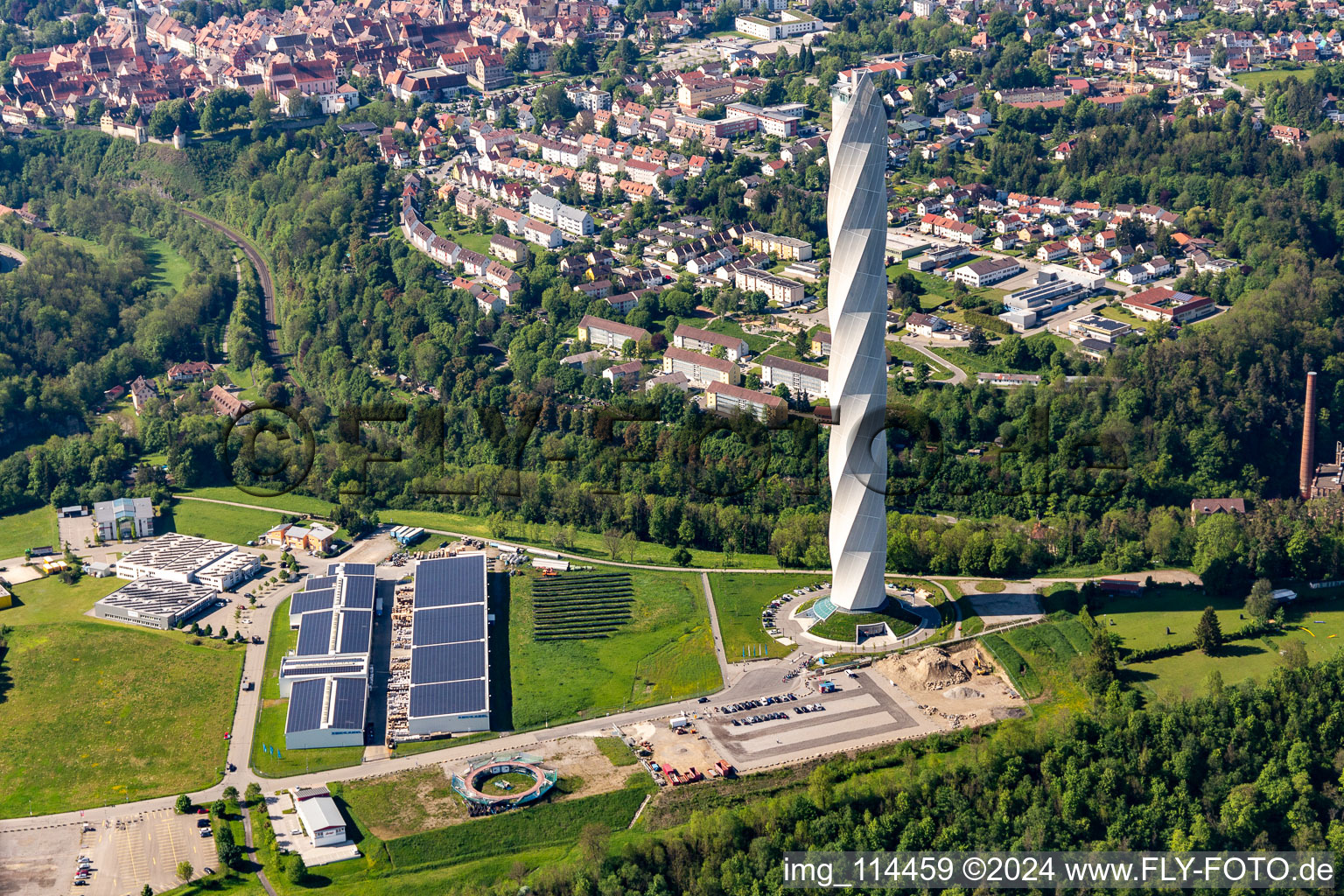 Aerial photograpy of Site of the ThyssenKrupp testing tower for Speed elevators in Rottweil in Baden - Wuerttemberg. When finished the new landmark of the town of Rottweil will be the tallest structure in Baden-Wuerttemberg