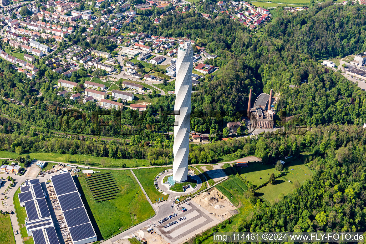 Oblique view of Site of the ThyssenKrupp testing tower for Speed elevators in Rottweil in Baden - Wuerttemberg. When finished the new landmark of the town of Rottweil will be the tallest structure in Baden-Wuerttemberg