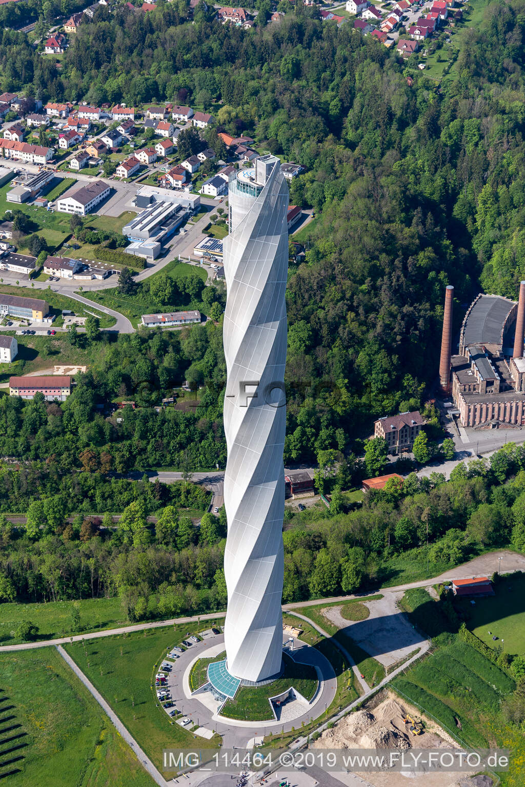Aerial view of Thyssen-Krupp test tower for elevators in Rottweil in the state Baden-Wuerttemberg, Germany