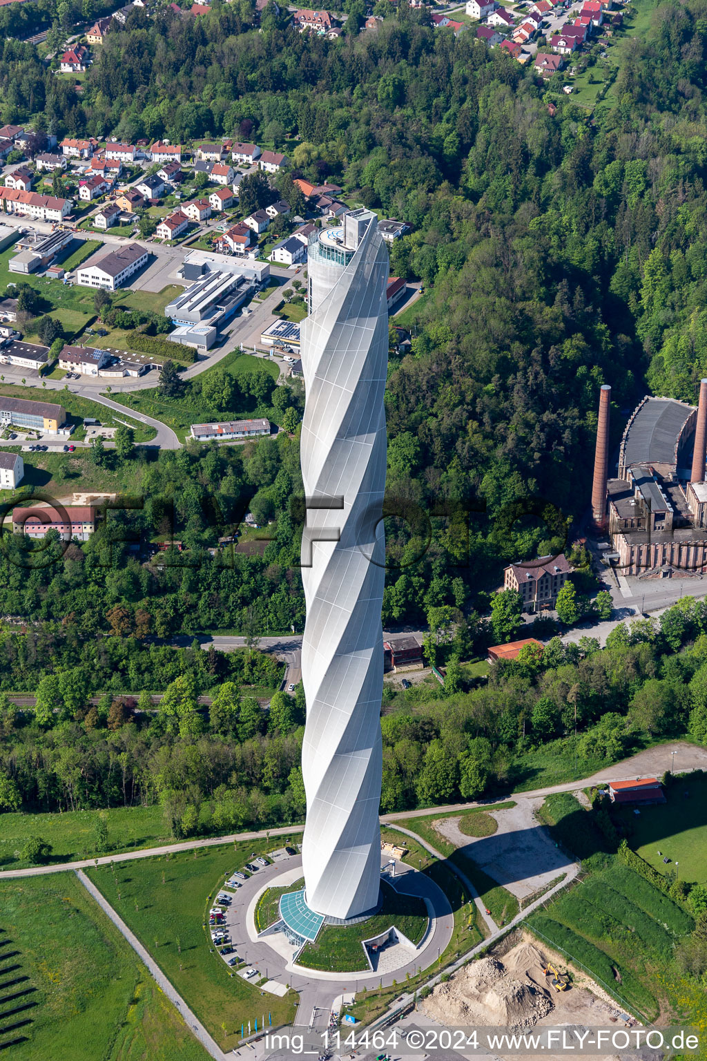 Aerial view of Thyssen-Krupp test tower for elevators in Rottweil in the state Baden-Wuerttemberg, Germany