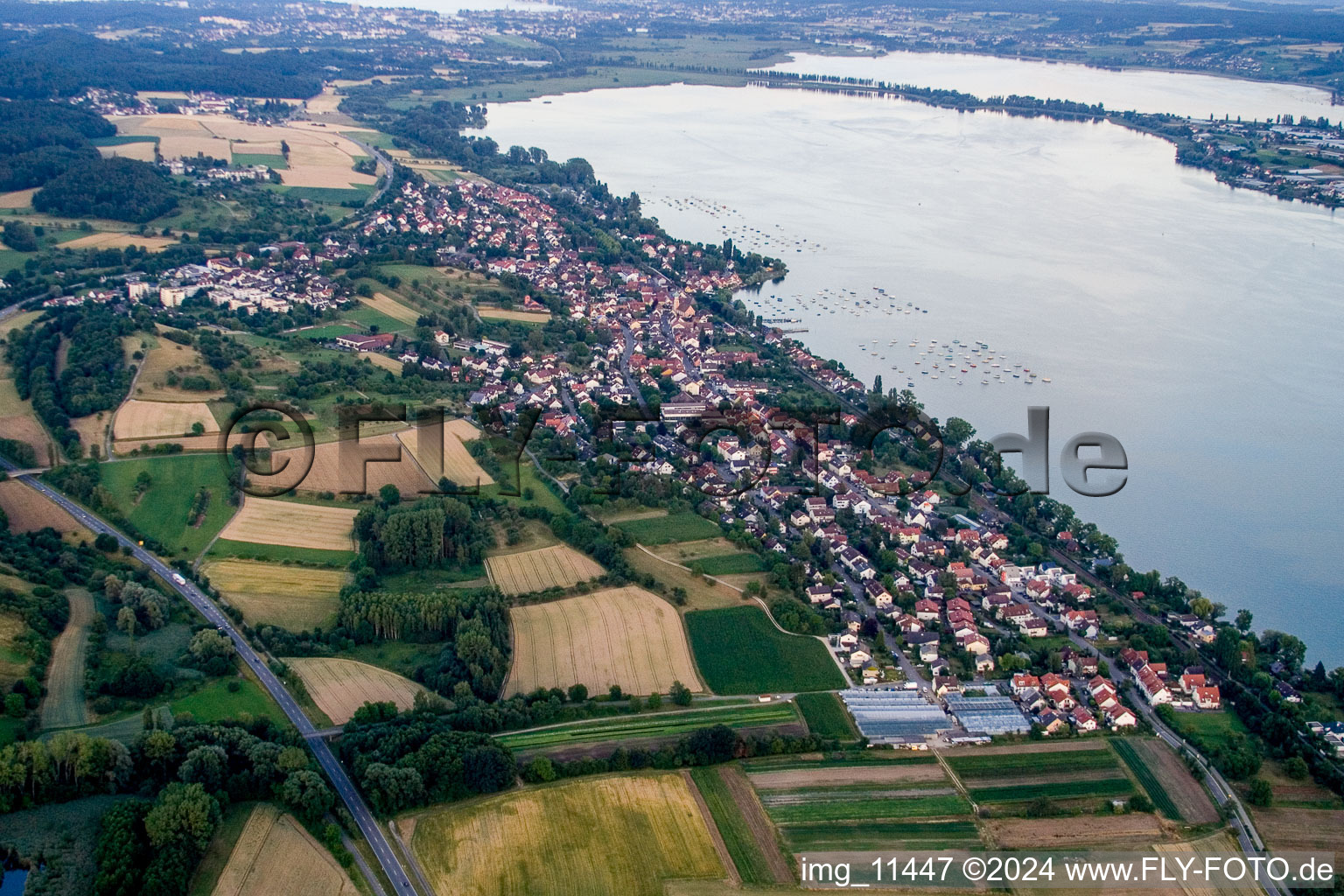 Aerial view of Village on the lake bank areas of the lake of Constance in Allensbach in the state Baden-Wurttemberg, Germany