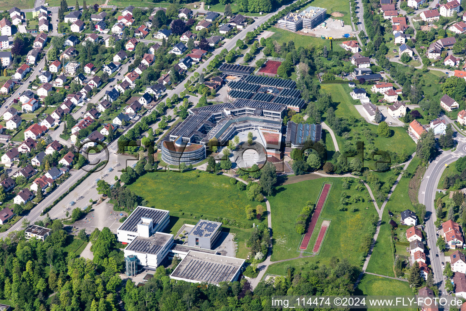 School building and sports field of the Leibniz-Gymnasium, of Nell-Breuning Schule and of Erich-Hauser-Gewerbeschule and Kreissporthalle Rottweil in Rottweil in the state Baden-Wurttemberg, Germany