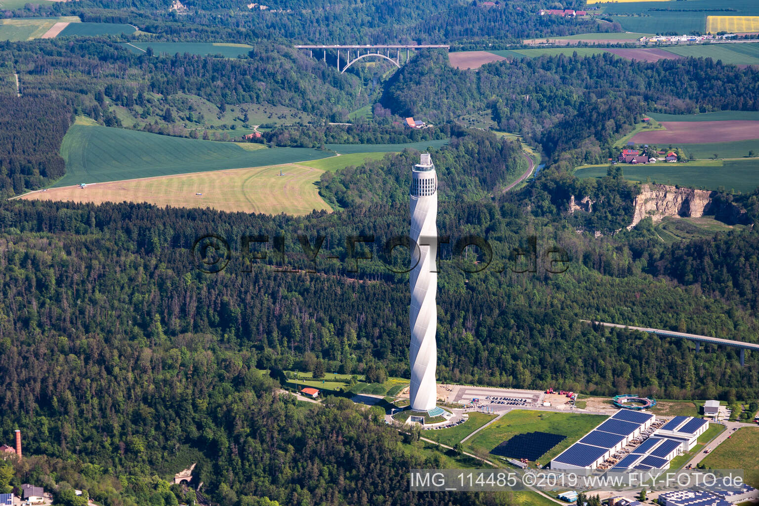 Aerial photograpy of Thyssen-Krupp test tower for elevators in Rottweil in the state Baden-Wuerttemberg, Germany