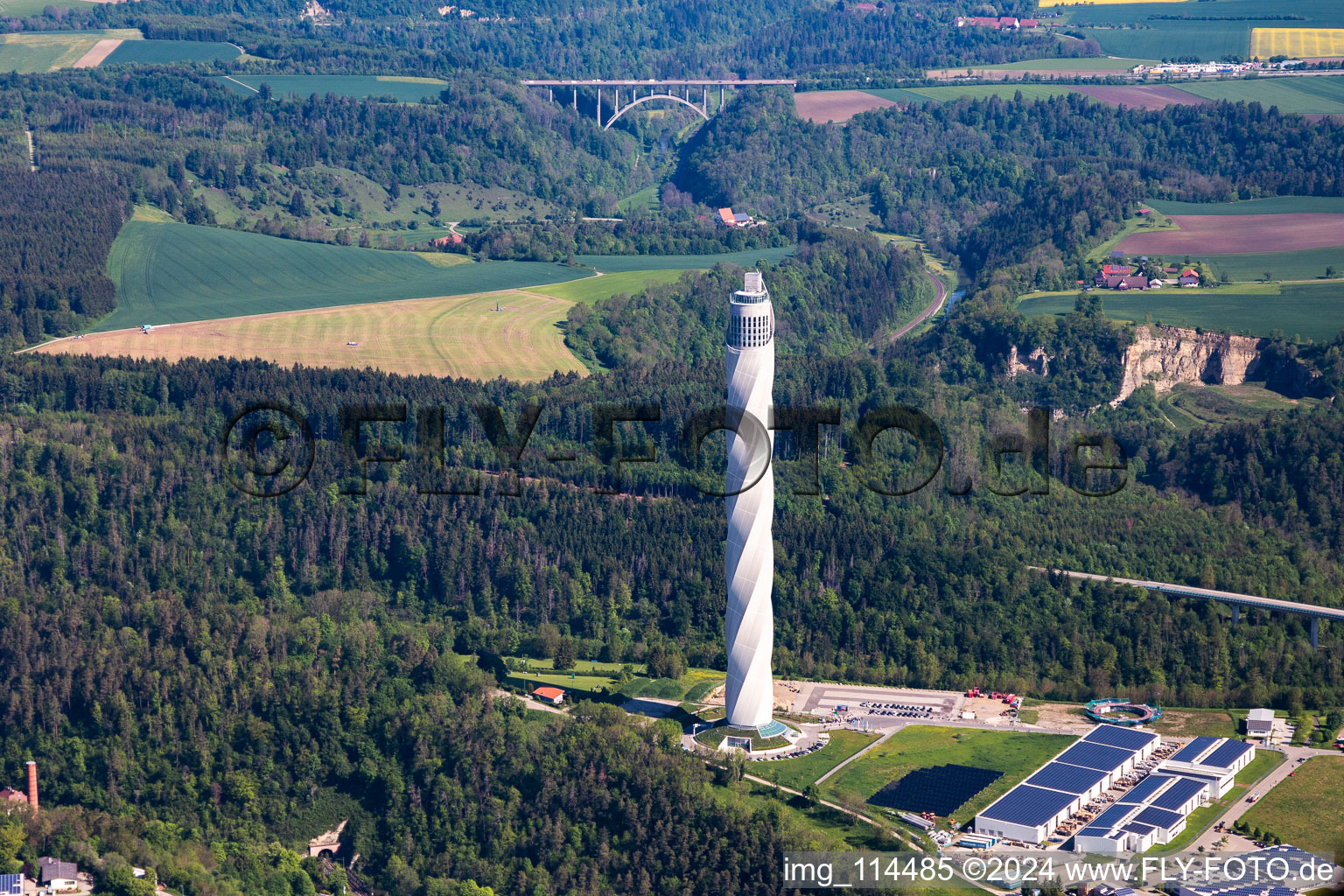 Aerial photograpy of Thyssen-Krupp test tower for elevators in Rottweil in the state Baden-Wuerttemberg, Germany