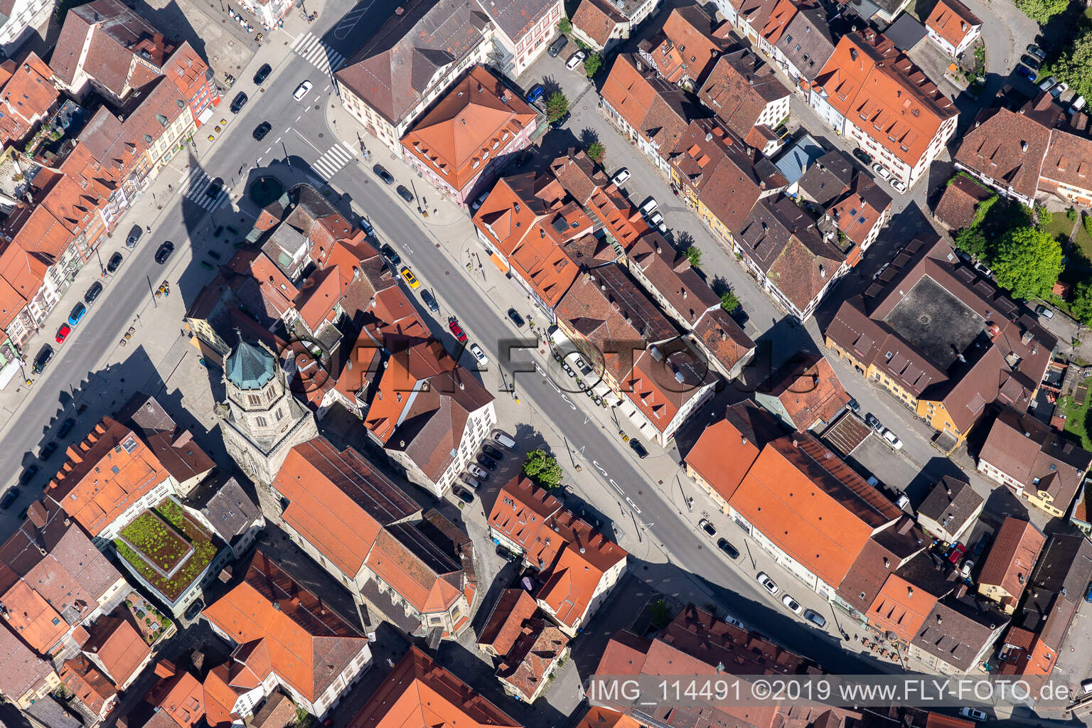 Aerial view of Church building of Kapellenkirche in Old Town- center of downtown in Rottweil in the state Baden-Wurttemberg, Germany