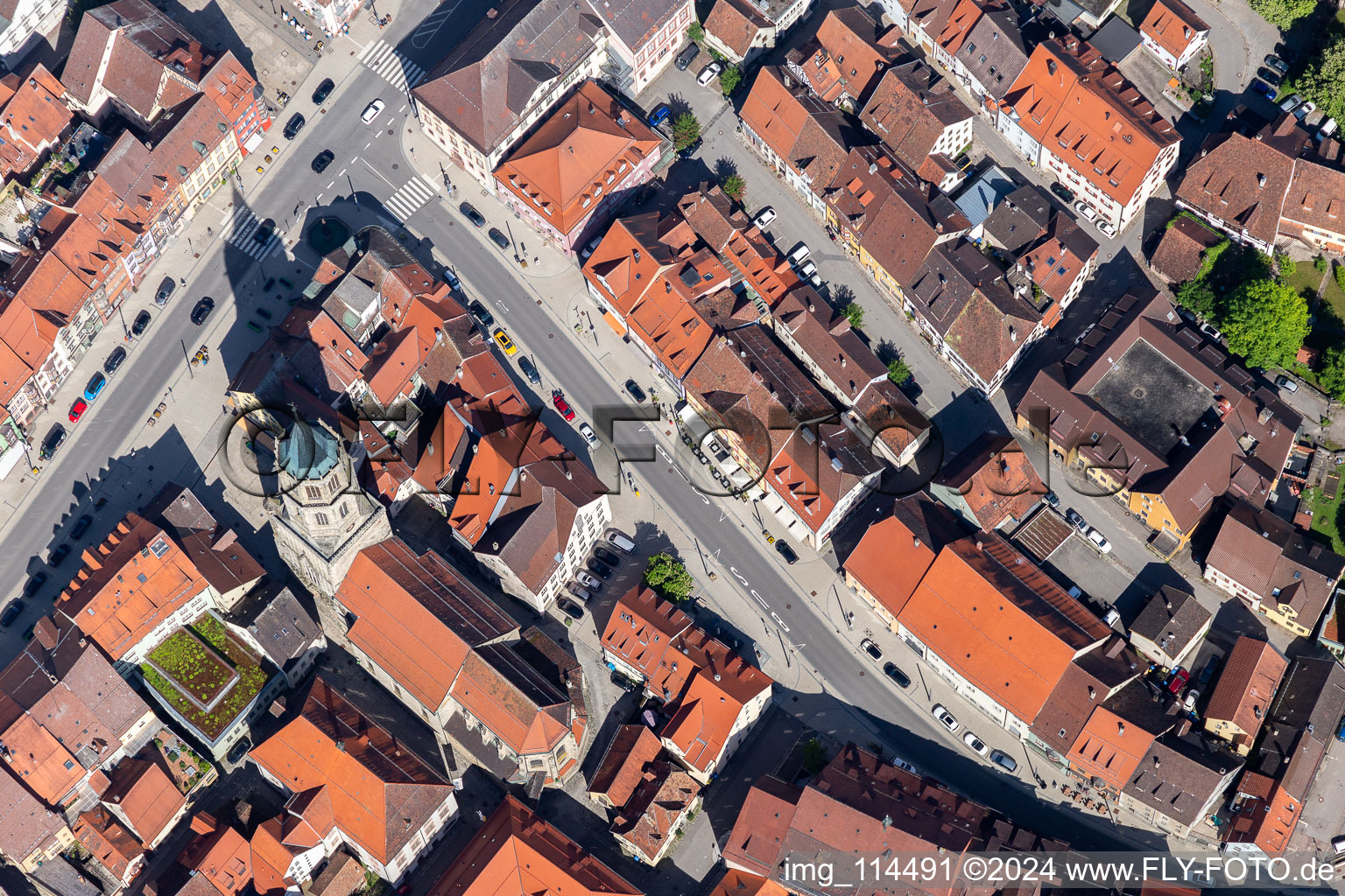 Aerial view of Church building of Kapellenkirche in Old Town- center of downtown in Rottweil in the state Baden-Wurttemberg, Germany