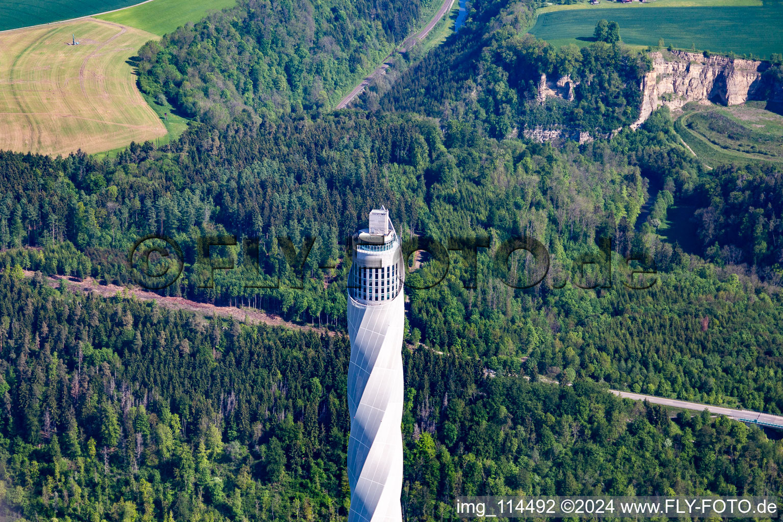 Oblique view of Thyssen-Krupp test tower for elevators in Rottweil in the state Baden-Wuerttemberg, Germany