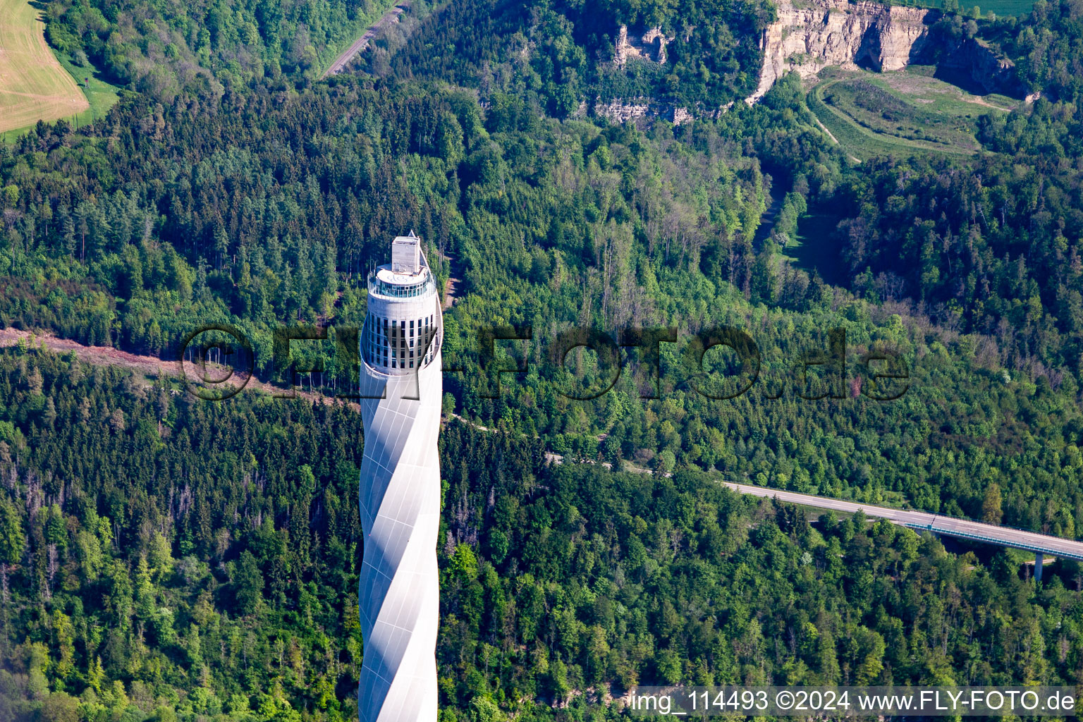 Thyssen-Krupp test tower for elevators in Rottweil in the state Baden-Wuerttemberg, Germany from above