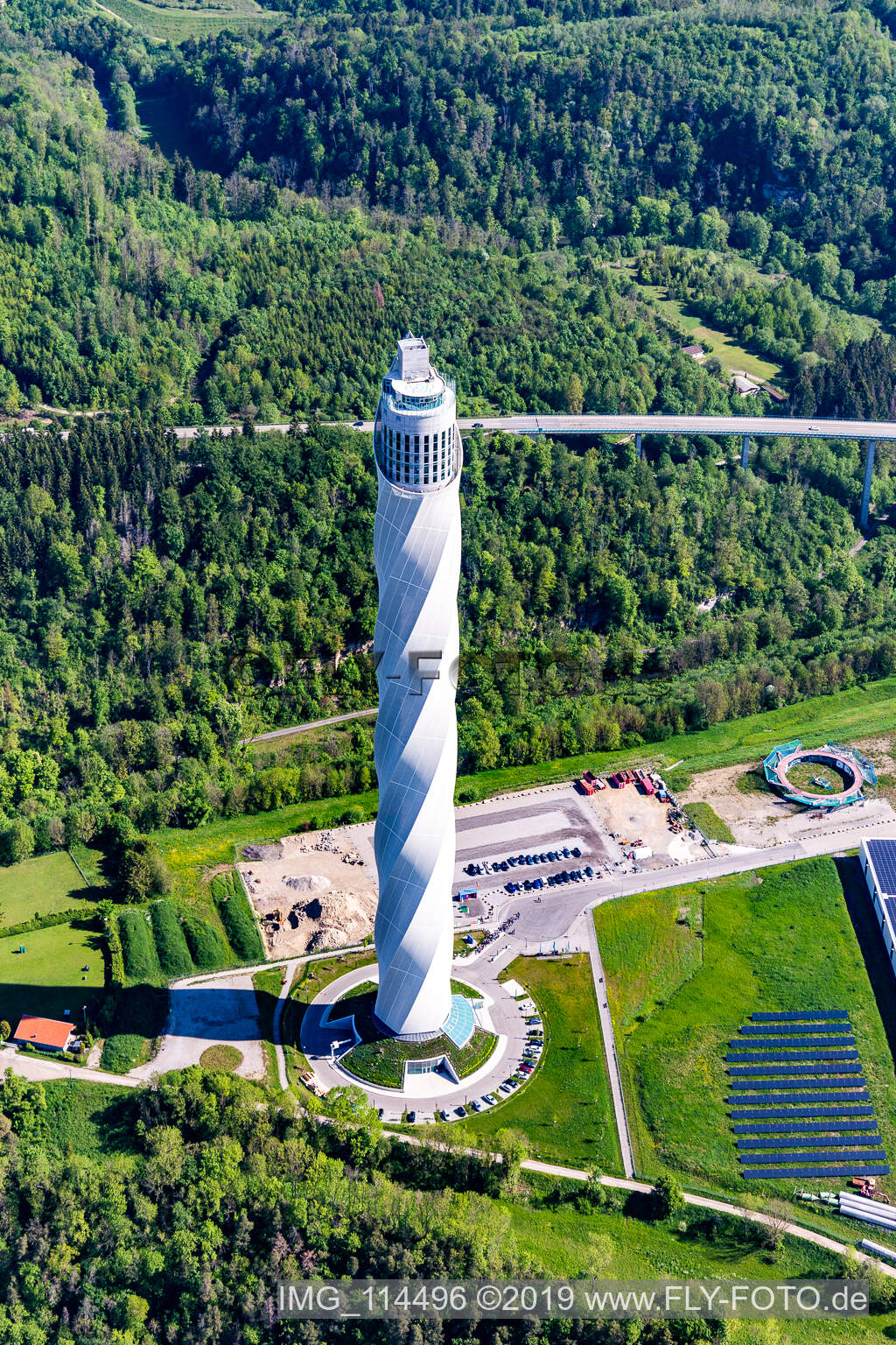 Thyssen-Krupp test tower for elevators in Rottweil in the state Baden-Wuerttemberg, Germany out of the air
