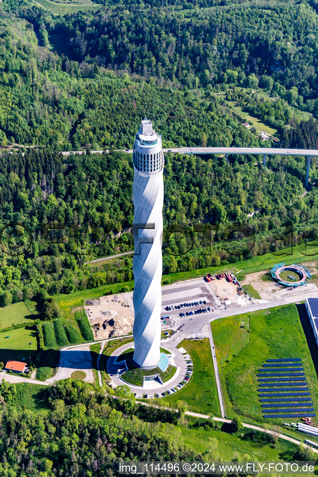 Thyssen-Krupp test tower for elevators in Rottweil in the state Baden-Wuerttemberg, Germany out of the air