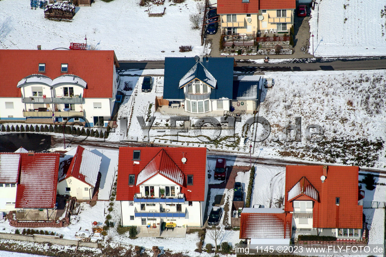 Aerial view of In the snow in Freckenfeld in the state Rhineland-Palatinate, Germany