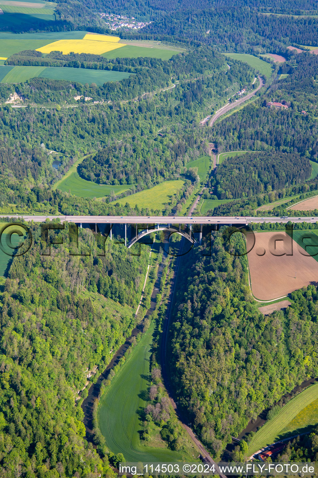 Aerial view of Routing and traffic lanes over the highway bridge in the motorway A 81 crossing the Neckar river loops in Rottweil in the state Baden-Wurttemberg, Germany