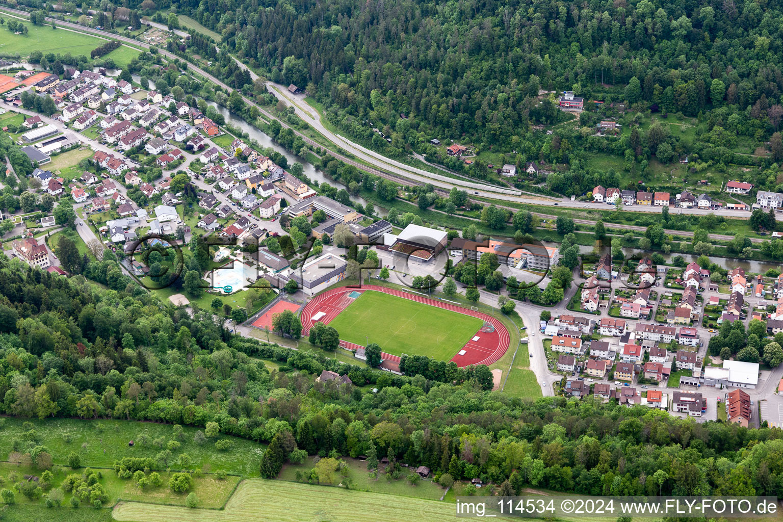 Aerial view of Albeck Stadium and Sololei Leisure Pool in Sulz am Neckar in the state Baden-Wuerttemberg, Germany