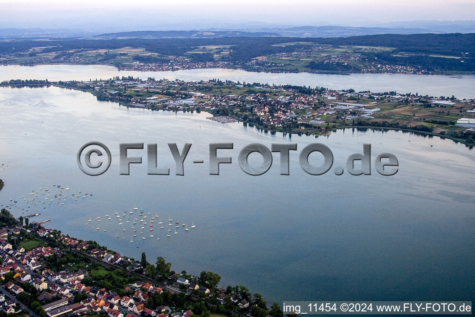 Aerial view of Lake Island Reichenau on the lake of constance in Reichenau in the state Baden-Wurttemberg, Germany