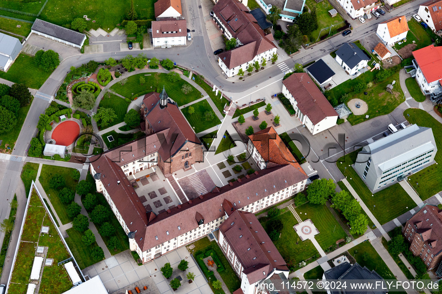 Aerial view of Building complex of the monastery foundation St. Francis in the district Heiligenbronn in Schramberg in the state Baden-Wuerttemberg, Germany