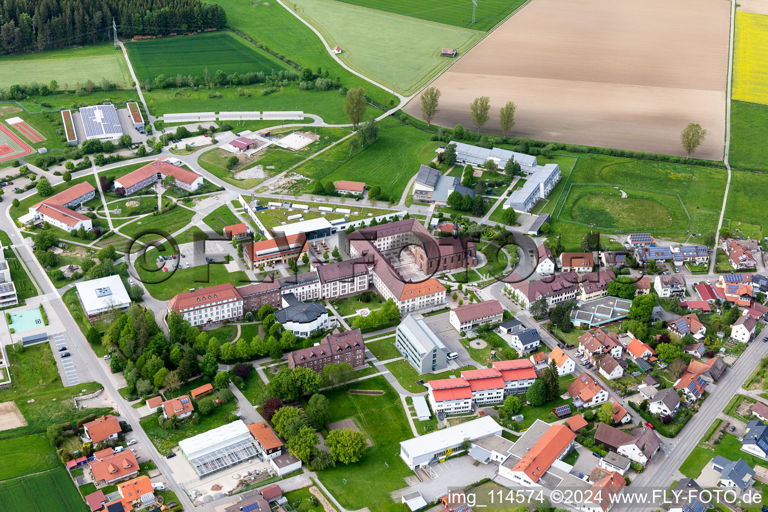 Oblique view of St. Francis Foundation Heiligenbronn in the district Heiligenbronn in Schramberg in the state Baden-Wuerttemberg, Germany