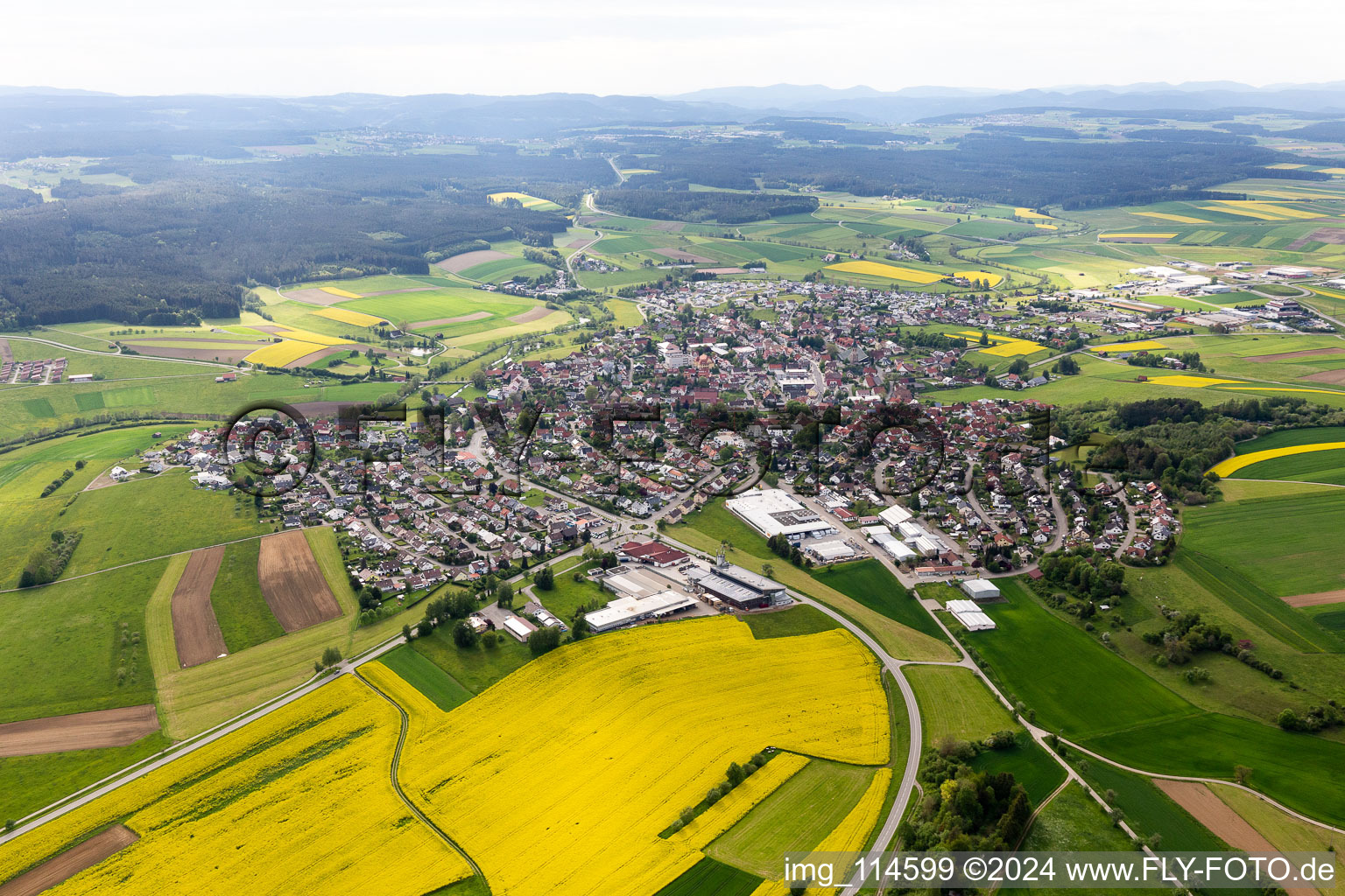 Village view on the edge of agricultural fields and land in Dunningen in the state Baden-Wurttemberg, Germany