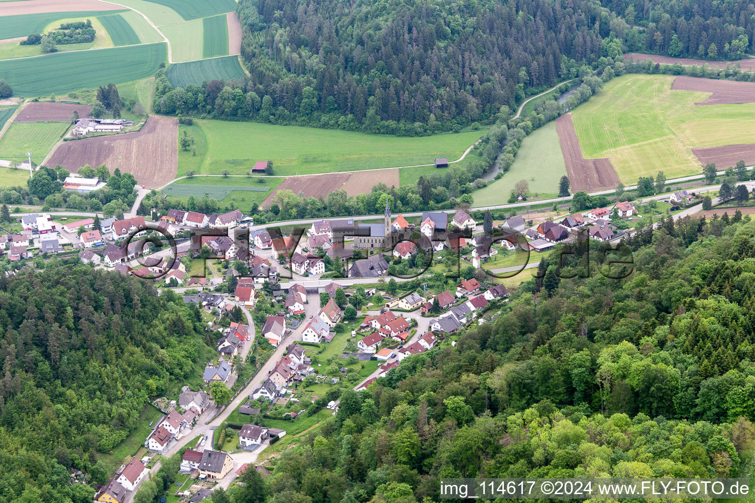 Aerial view of District Altoberndorf in Oberndorf am Neckar in the state Baden-Wuerttemberg, Germany