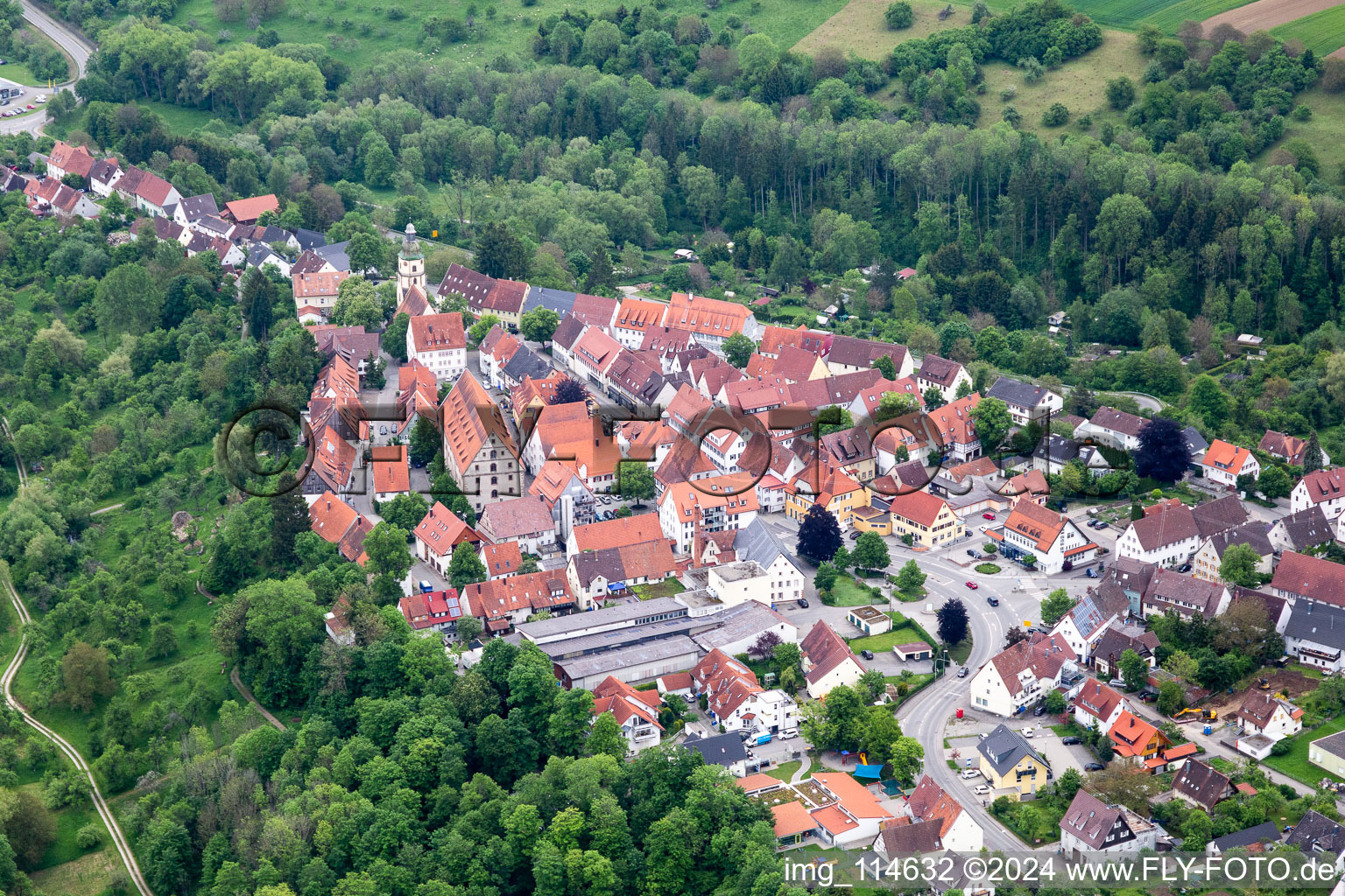 Surrounded by forest and forest areas center of the streets and houses and residential areas in Rosenfeld in the state Baden-Wurttemberg, Germany