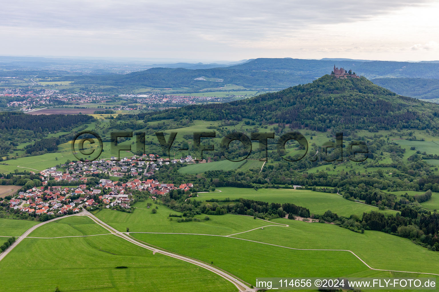 Agricultural land and field borders surround the settlement area of the village in the district Zimmern in Bisingen in the state Baden-Wurttemberg, Germany