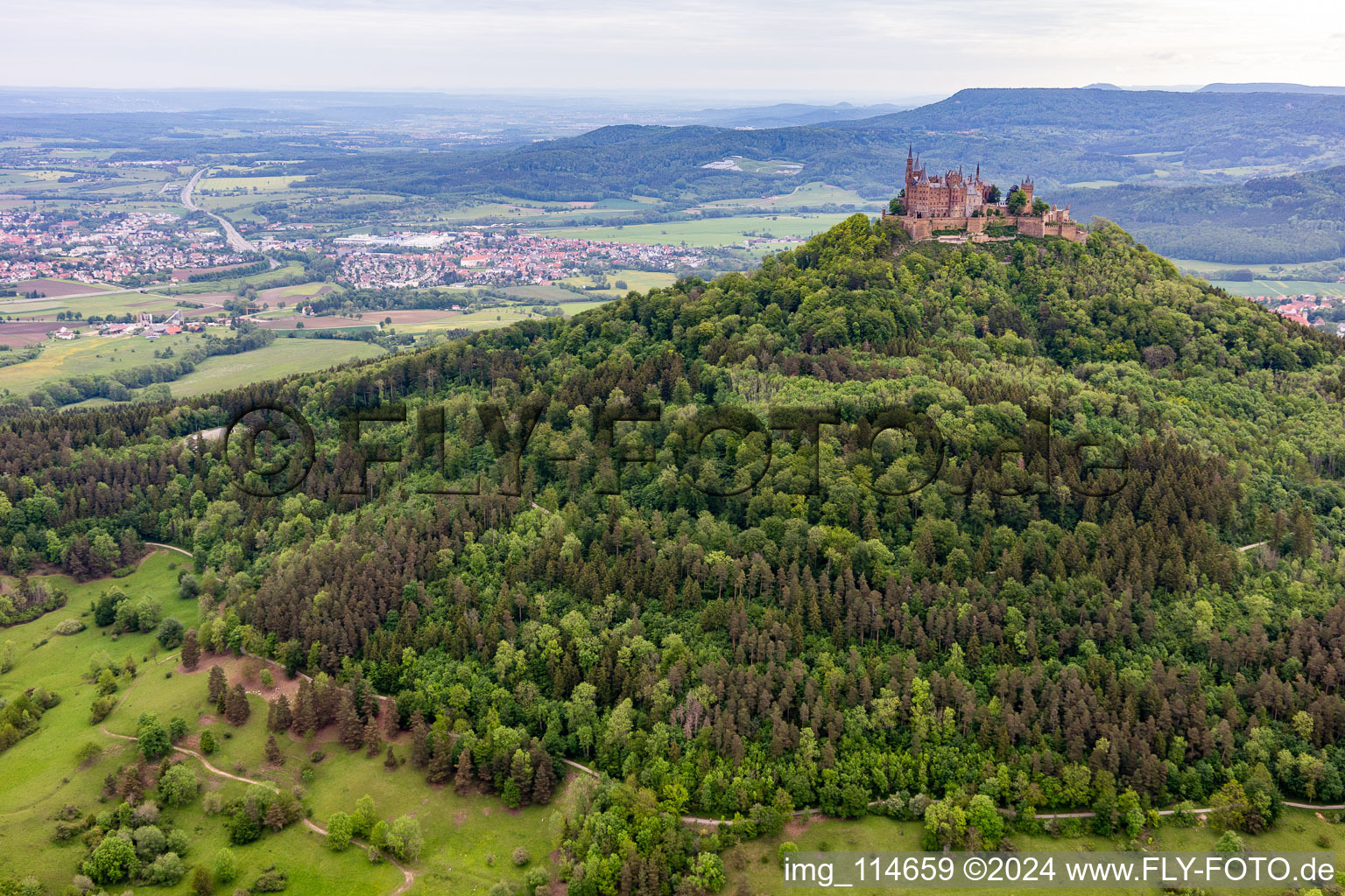 Aerial view of Hohenzollern Castle in the district Zimmern in Bisingen in the state Baden-Wuerttemberg, Germany