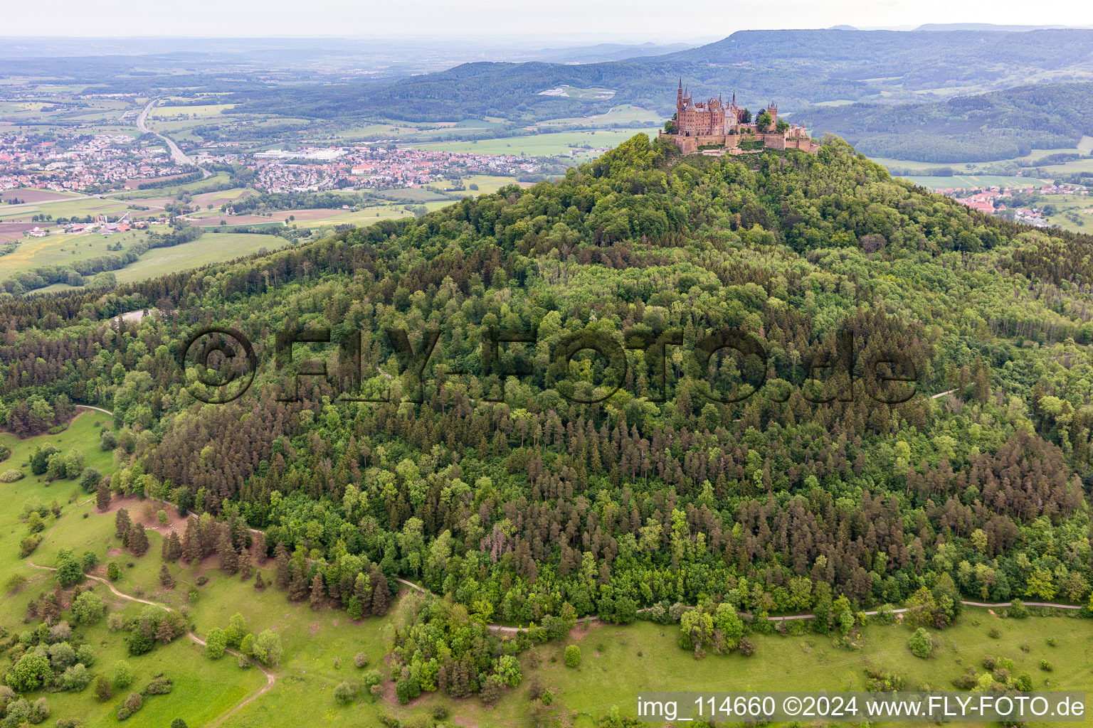 Aerial photograpy of Hohenzollern Castle in the district Zimmern in Bisingen in the state Baden-Wuerttemberg, Germany