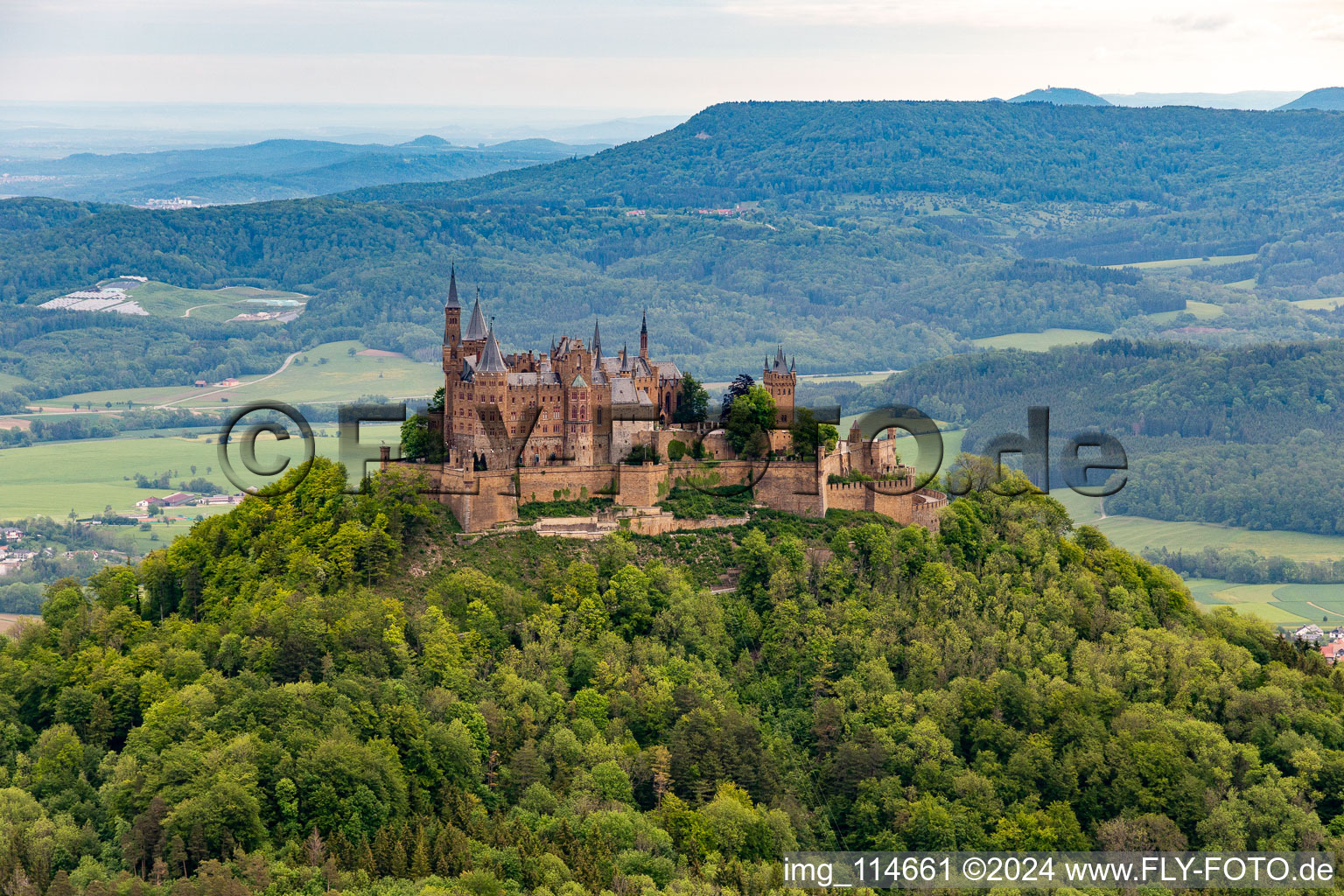 Oblique view of Hohenzollern Castle in the district Zimmern in Bisingen in the state Baden-Wuerttemberg, Germany