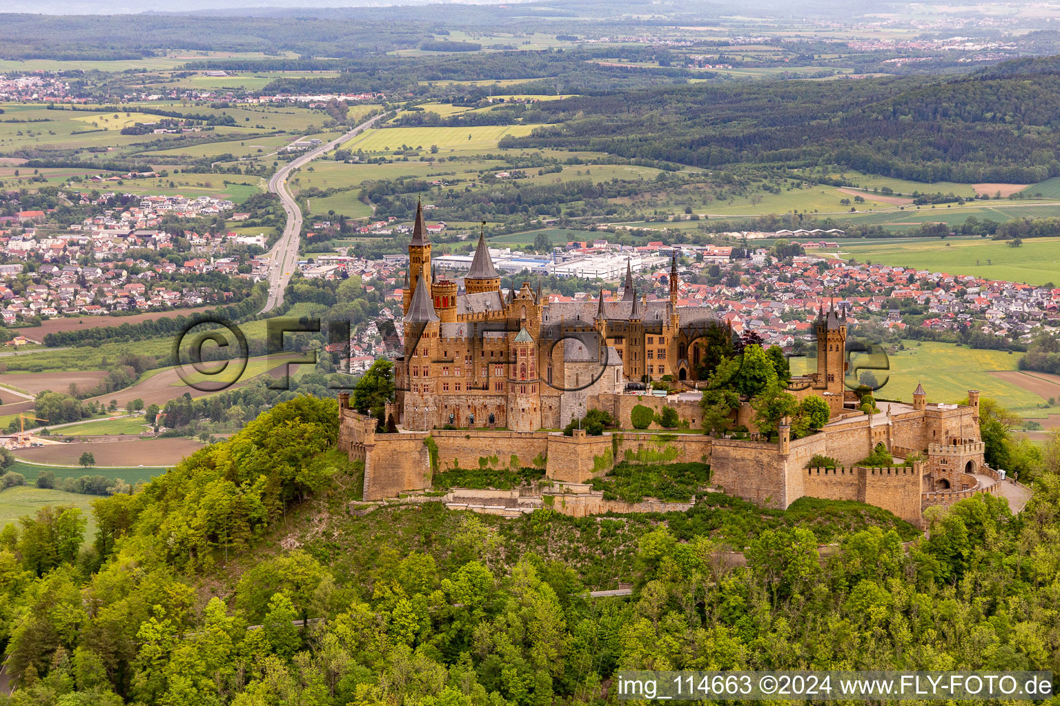 Hohenzollern Castle in the district Zimmern in Bisingen in the state Baden-Wuerttemberg, Germany from above