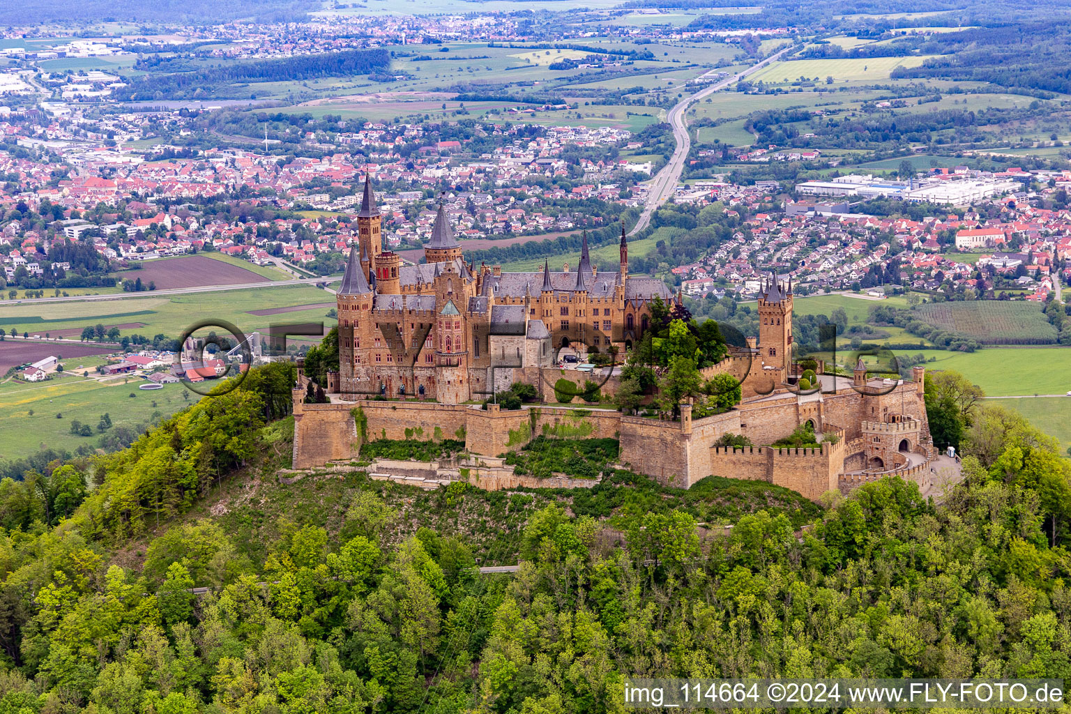 Hohenzollern Castle in the district Zimmern in Bisingen in the state Baden-Wuerttemberg, Germany out of the air